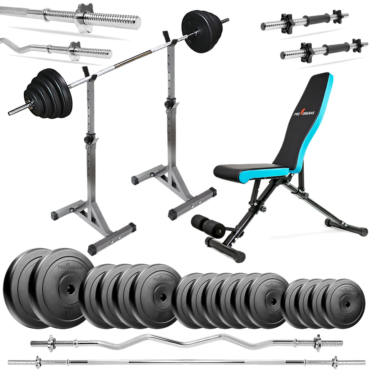 Zestaw do ćwiczeń 98kg z ławką treningową TB891, stojakami, sztangą / gryfem prostym 180cm, gryfem lekko łamanym 120cm, obciążeniem 60kg i hantlami